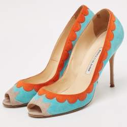 Manolo Blahnik Blue/Orange Suede Peep Toe Pumps Size 41