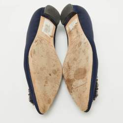 Pre Owned Manolo Blahnik Navy Blue Satin Hangisi Ballet Flats Size 38