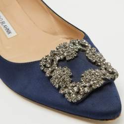 Pre Owned Manolo Blahnik Navy Blue Satin Hangisi Ballet Flats Size 38