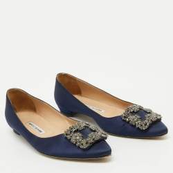 Pre Owned Manolo Blahnik Navy Blue Satin Hangisi Ballet Flats Size 38