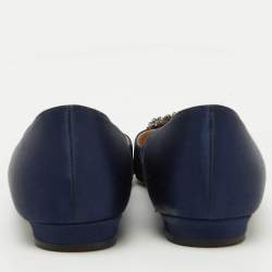 Pre Owned Manolo Blahnik Navy Blue Satin Hangisi Ballet Flats Size 38