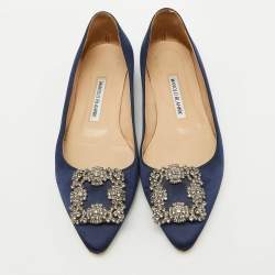 Pre Owned Manolo Blahnik Navy Blue Satin Hangisi Ballet Flats Size 38