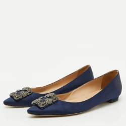 Pre Owned Manolo Blahnik Navy Blue Satin Hangisi Ballet Flats Size 38