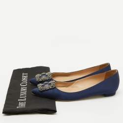 Pre Owned Manolo Blahnik Navy Blue Satin Hangisi Ballet Flats Size 38