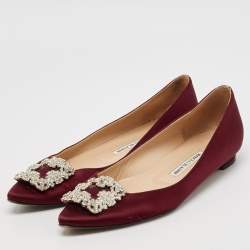 Pre Owned Manolo Blahnik Burgundy Satin Hangisi Ballet Flats Size 39