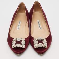 Pre Owned Manolo Blahnik Burgundy Satin Hangisi Ballet Flats Size 39