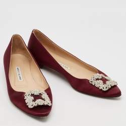 Pre Owned Manolo Blahnik Burgundy Satin Hangisi Ballet Flats Size 39