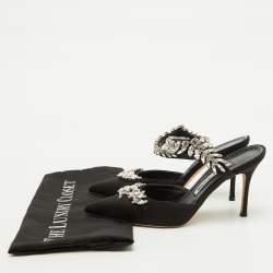 Pre Owned Manolo Blahnik Black Satin Crystal Embellished Lurum Pointed Toe Mules Size 38