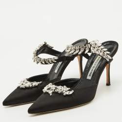 Pre Owned Manolo Blahnik Black Satin Crystal Embellished Lurum Pointed Toe Mules Size 38