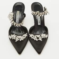 Pre Owned Manolo Blahnik Black Satin Crystal Embellished Lurum Pointed Toe Mules Size 38
