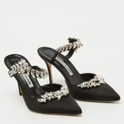 Pre Owned Manolo Blahnik Black Satin Crystal Embellished Lurum Pointed Toe Mules Size 38