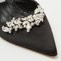 Pre Owned Manolo Blahnik Black Satin Crystal Embellished Lurum Pointed Toe Mules Size 38