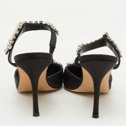 Pre Owned Manolo Blahnik Black Satin Crystal Embellished Lurum Pointed Toe Mules Size 38