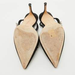 Pre Owned Manolo Blahnik Black Satin Crystal Embellished Lurum Pointed Toe Mules Size 38