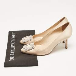 Pre Owned Manolo Blahnik Beige Satin Hangisi Pumps Size 38.5