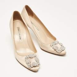 Pre Owned Manolo Blahnik Beige Satin Hangisi Pumps Size 38.5