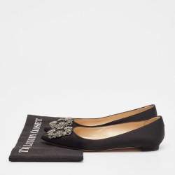 Pre Owned Manolo Blahnik Black Satin Hangisi Ballet Flats Size 37.5