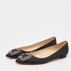 Pre Owned Manolo Blahnik Black Satin Hangisi Ballet Flats Size 37.5