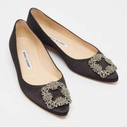 Pre Owned Manolo Blahnik Black Satin Hangisi Ballet Flats Size 37.5