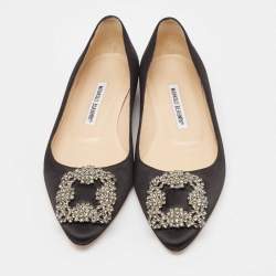 Pre Owned Manolo Blahnik Black Satin Hangisi Ballet Flats Size 37.5