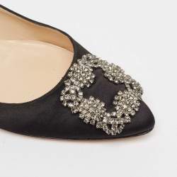 Pre Owned Manolo Blahnik Black Satin Hangisi Ballet Flats Size 37.5