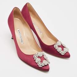 Pre Owned Manolo Blahnik Burgundy Satin Hangisi Pumps Size 39