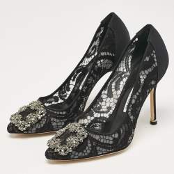 Pre Owned Manolo Blahnik Black Lace and Satin Hangisi Crystal Embellished Pumps Size 36.5