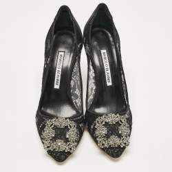 Pre Owned Manolo Blahnik Black Lace and Satin Hangisi Crystal Embellished Pumps Size 36.5
