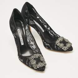 Pre Owned Manolo Blahnik Black Lace and Satin Hangisi Crystal Embellished Pumps Size 36.5