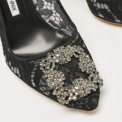 Pre Owned Manolo Blahnik Black Lace and Satin Hangisi Crystal Embellished Pumps Size 36.5