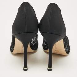 Pre Owned Manolo Blahnik Black Lace and Satin Hangisi Crystal Embellished Pumps Size 36.5