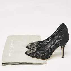 Pre Owned Manolo Blahnik Black Lace and Satin Hangisi Crystal Embellished Pumps Size 36.5