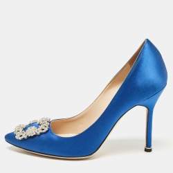 Pre Owned Manolo Blahnik Blue Satin Hangisi Pumps Size 38.5