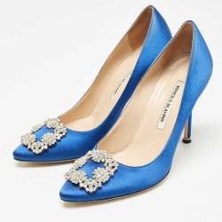 Pre Owned Manolo Blahnik Blue Satin Hangisi Pumps Size 38.5