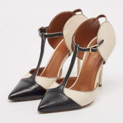 Pre Owned Manolo Blahnik Cream/Black Leather Assala 105 Pumps Size 38