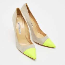 Manolo Blahnik Grey/Green  Suede BB Pointed Toe Pumps Size 38