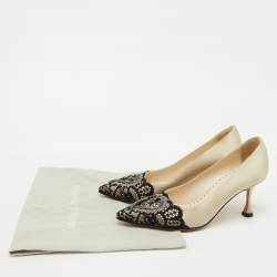 Pre Owned Manolo Blahnik Pearl White/Black Satin and Lace Gerontiushi Pumps Size 36