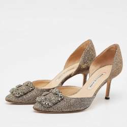 Pre Owned Manolo Blahnik Gold/Silver Lurex Fabric Hangisido Pumps Size 37