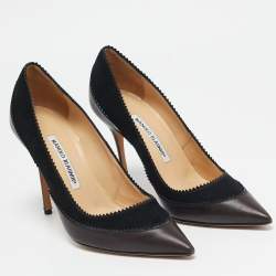 Manolo Blahnik Brown/Black Leather and Suede Pointed Toe Pumps Size 38.5