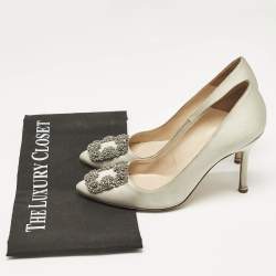 Manolo Blahnik Grey Satin Hangisi Crystal Embellished Pumps Size 36