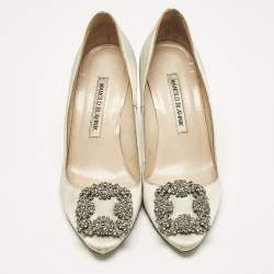 Manolo Blahnik Grey Satin Hangisi Crystal Embellished Pumps Size 36