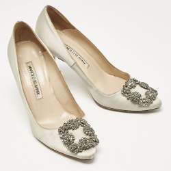 Manolo Blahnik Grey Satin Hangisi Crystal Embellished Pumps Size 36