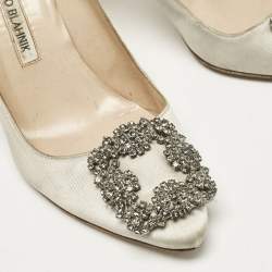 Manolo Blahnik Grey Satin Hangisi Crystal Embellished Pumps Size 36