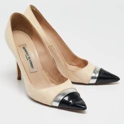 Manolo Blahnik Cream/Black Leather Pointed Toe Pumps Size 37