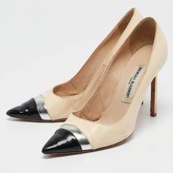 Manolo Blahnik Cream/Black Leather Pointed Toe Pumps Size 37