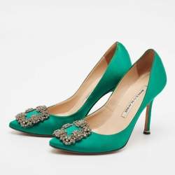 Manolo Blahnik Green Satin Hangisi Crystal Embellished Pumps Size 34.5