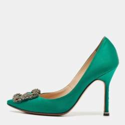 Manolo Blahnik Green Satin Hangisi Crystal Embellished Pumps Size 34.5