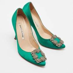 Manolo Blahnik Green Satin Hangisi Crystal Embellished Pumps Size 34.5