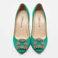Manolo Blahnik Green Satin Hangisi Crystal Embellished Pumps Size 34.5