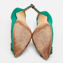 Manolo Blahnik Green Satin Hangisi Crystal Embellished Pumps Size 34.5